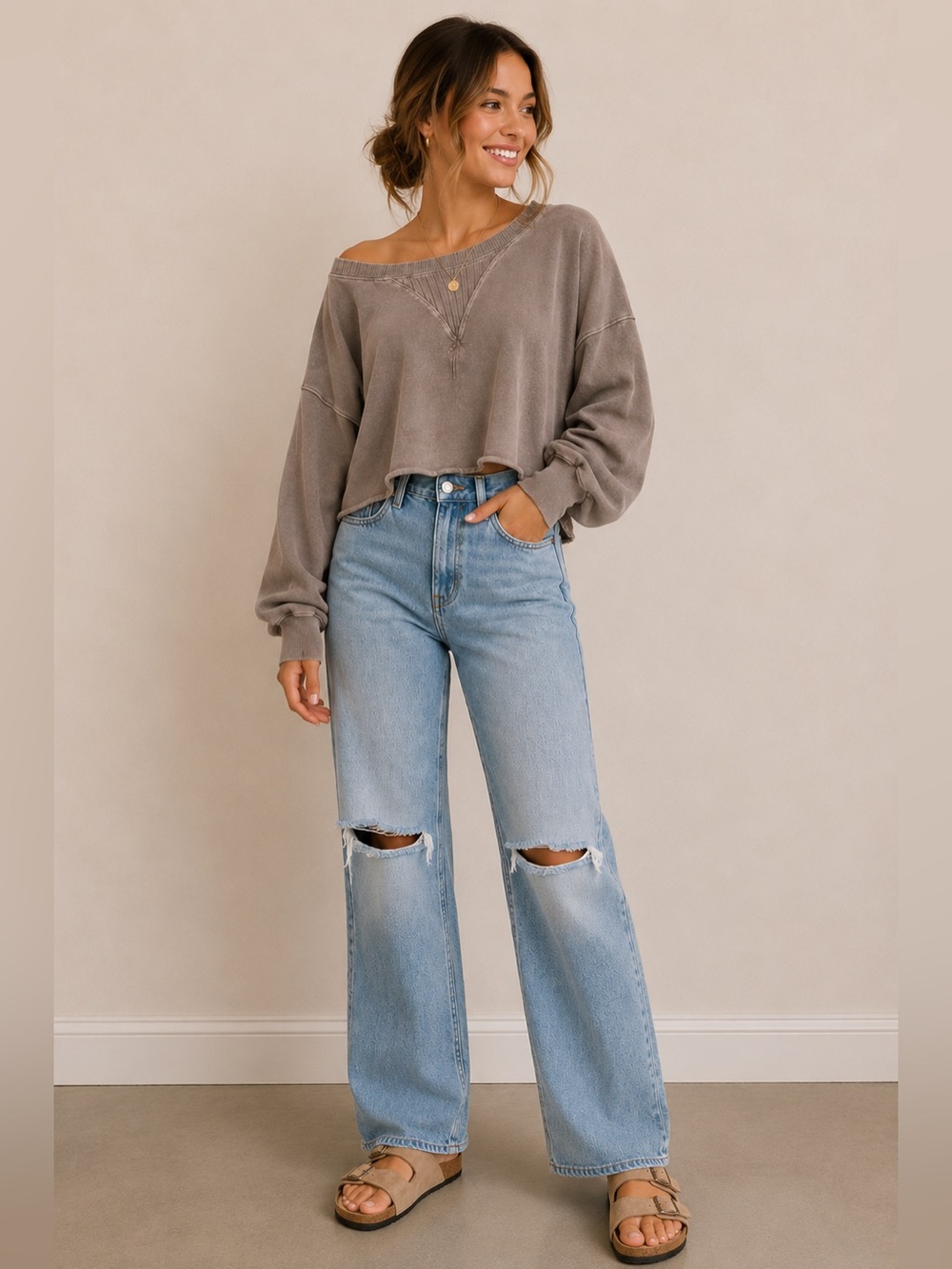 Peach Love California Gray Ribbed Cropped Sweatshirt